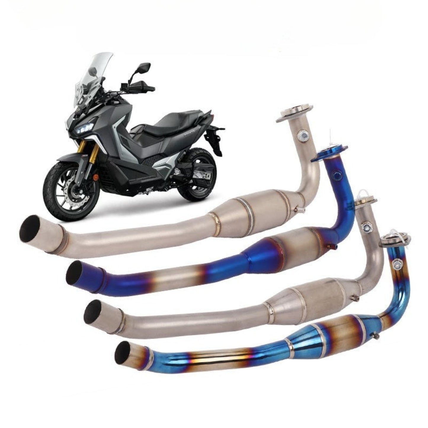 Motorcycle exhaust pipes with a motorcycle in the background on a white background