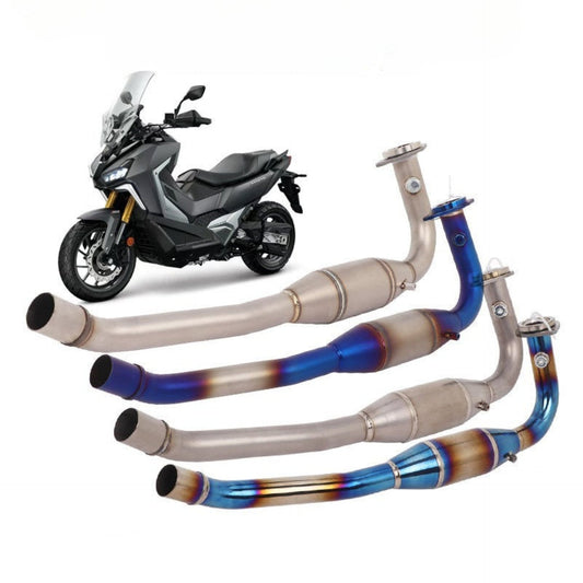 Motorcycle exhaust pipes with a motorcycle in the background on a white background